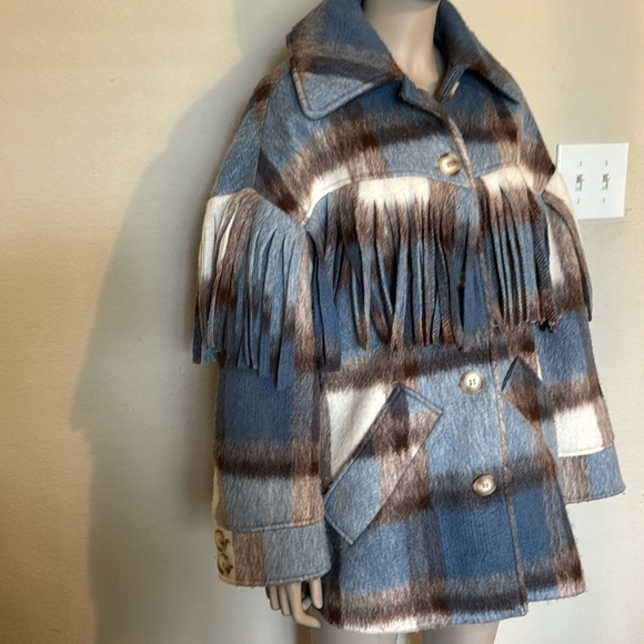 ASOS WHITE wool plaid coat with fringe, size 4 NWOT - Picture 8 of 14